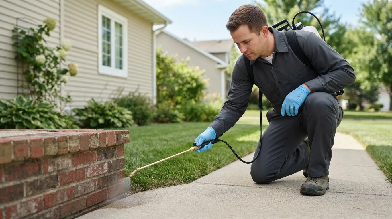 Pest control technician treating a home near Walhalla, ND